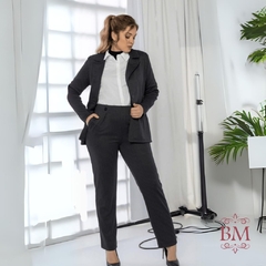 Calça Risca de Giz, Malha Viscose Elastano, Preto, Bolsos, Mirasul BM1097