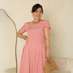 Vestido Maxi Midi, Godê, Viscolinho, Rosa, Poá, Lastéx Costa, Forro, Menina Bella BM1270R