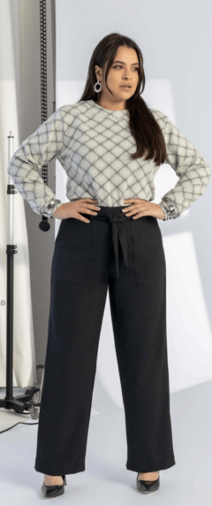 Calça Reta, Preta, em Linhão, com Bolsos, Amarração na Cintura, Mirasul BM1098 - comprar online