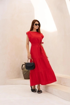 Vestido Midi, Alfaiataria, Vermelho, Evasê, Faixa tecido, Manga Muscle Tee, Miss Moda BM1300V - BellaMolina Modas