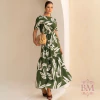 Vestido Midi, Viscolinho, Verde, Estampa Branca, Forro, Babado Barra, Elástico Cintura, Cinto Tecido, Miss Moda BM1261V