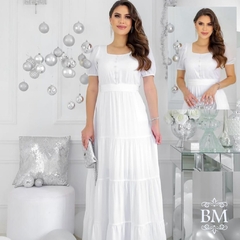 Vestido Viscose, Branco, Decote Quadrado, Elástico , Manga Princesa, Saia 4 Marias, Bolso, Cinto , Fagian BM1174B - BellaMolina Modas