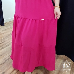 Vestido Longo, Crepe Amassado, Pink, Decote Transpassado, Detalhe Babado, Lastex Cintura, Feminine BM0892 na internet