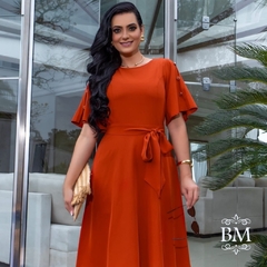 Vestido em Alfaiataria, Terracota, Evasê, Detalhe Botão Manga, Cinto Faixa, Invait BM1243 - comprar online