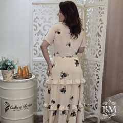 Imagem do Vestido Longo, Crepe Seda, Bege, Bordado, Fios Prata, Forro, Cinto, Zíper Costas, Collucci BM1255