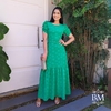Vestido Longo, Verde, em Crepe Bordado, Manga Drapeada, Zíper Costa, Cinto, Forro, Collucci BM1178