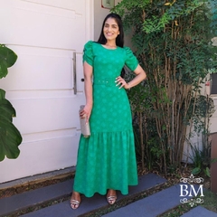 Vestido Longo, Verde, em Crepe Bordado, Manga Drapeada, Zíper Costa, Cinto, Forro, Collucci BM1178