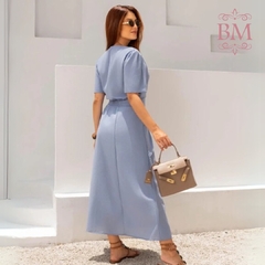 Vestido Midi, Linho, Azul, Recorte Frontal, Bolsos, Manga ¾, Lastéx Cintura, Forro, Miss Moda BM1262