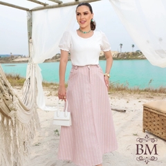 Saia Maxi Midi, Linho, Evasê, Rosa, Risca de Giz, Cós, Bolsos Laterais e Zíper, Fagian BM1236 - comprar online