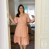 Vestido Midi Crepe Rose, Decote Transpassado, Manga Sino, Babado, Botão Forrado , Tam M , Bella Molina MBM0721