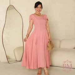Vestido Maxi Midi, Godê, Viscolinho, Rosa, Poá, Lastéx Costa, Forro, Menina Bella BM1270R na internet