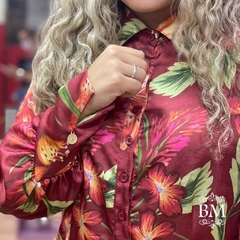 Camisa, Manga Longa, Estampada, Crepe Acetinado, Detalhes Prega Manga, Punho Largo, Kauly BM0982 - comprar online