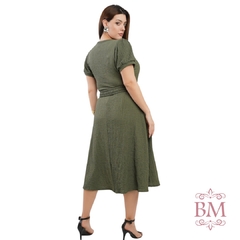 Imagem do Vestido Midi, Verde, Malha Texturizada, Manga Punho, Decote Quadrado, Cinto Elástico, Dona Charme BM1272
