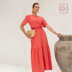 Vestido Midi, Viscolinho, Coral, Forrado, Babado Barra, Elástico Cintura, Cinto Tecido, Miss Moda BM1261C - loja online