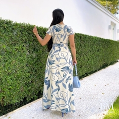 Vestido Longo, Estampa Azul, Crepe, Zíper Costas, Forro, Cinto, Collucci BM1193 na internet