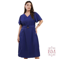 Vestido Midi, Azul Marinho, Alfaiataria, Decote V, Bolsos Lateral, Cinto Fivela, Zíper, Dona Charme BM1275 - loja online
