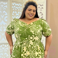 Vestido Longo, Crepe, Estampa Verde, Drapeado Busto e Manga, Lastéx Costa, Forro, Babado, Collucci BM1267V - comprar online
