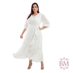 Vestido Longo, Plus, Off, Crepe Yoryu com Textura, Manga ¾, Cinto Fixo, Saia Transpassada, Forro, Dona Charme BM1233O - comprar online