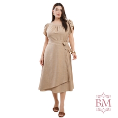 Vestido Midi, Bege, Linho Poliéster, Detalhe Manga, Saia Dupla, Fechamento Lateral Zíper, Dona Charme BM1274