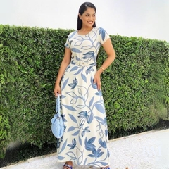 Vestido Longo, Estampa Azul, Crepe, Zíper Costas, Forro, Cinto, Collucci BM1193