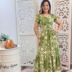 Vestido Longo, Crepe, Estampa Verde, Drapeado Busto e Manga, Lastéx Costa, Forro, Babado, Collucci BM1267V na internet