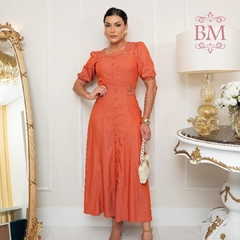Vestido Midi, Godê, Viscojeans, Telha, Elástico Manga, Lástex Cintura, Zíper Lateral, Rosarrara BM1263