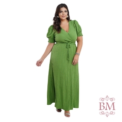 Vestido Longo, Plus, Poliviscose Plissada, Verde, Manga Bufante Elástico, Decote V, Cinto, Forro, Dona Charme BM1234V - comprar online