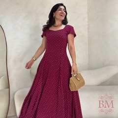 Vestido Maxi Midi, Godê, Viscolinho, Marsala, Poá, Lastéx Costa, Forro, Menina Bella BM1270M - BellaMolina Modas