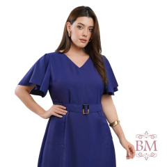 Vestido Midi, Azul Marinho, Alfaiataria, Decote V, Bolsos Lateral, Cinto Fivela, Zíper, Dona Charme BM1275 - loja online