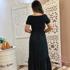 Imagem do Vestido Longo, Crepe, Poá, Drapeado Busto e Manga, Lastéx Costa, Forro, Babado, Collucci BM1267P