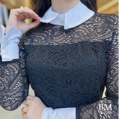 Vestido Renda, Preto, Plus, Forro, Zíper, Detalhe de Gola e Punho Funcionais, Botões Jóia, Kauly BM1128 na internet