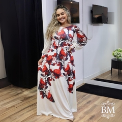 Vestido Longo, Branco Estampado, Crepe Malha, Manga Longa Tule, Forro, Lara Valentina BM1143