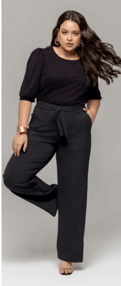 Calça Reta, Preta, em Linhão, com Bolsos, Amarração na Cintura, Mirasul BM1098