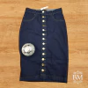 Saia Jeans, Escura, Midi, Fechamento Botão, Bolsos Trazeiros, Lilaisa BM1081