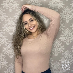 Blusa Decote Redondo, Bege, Malha Canelada, Manga Longa, Plus Size, Mirasul BM0845P