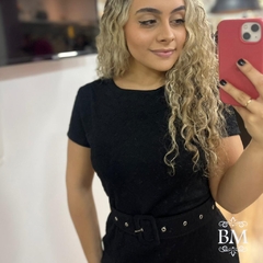 Vestido em Crepe de Malha, Preto, Sereia, Manga Curta, Cinto BM1027 - comprar online