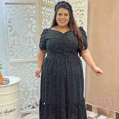 Vestido Longo, Crepe, Poá, Drapeado Busto e Manga, Lastéx Costa, Forro, Babado, Collucci BM1267P - BellaMolina Modas