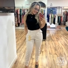 Calça Esportiva, Brim, Bege, Cintura Média, Bolsos, Cinto, Botão Forrado, Mokkai BM1037