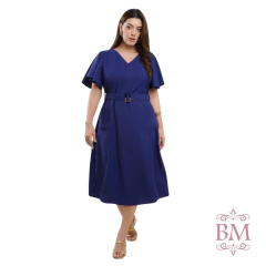 Vestido Midi, Azul Marinho, Alfaiataria, Decote V, Bolsos Lateral, Cinto Fivela, Zíper, Dona Charme BM1275 - comprar online