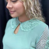 Blusa em Crepe, Verde Água, Manga Curta emTule e Pérolas, Gola em Guipir , Lilaisa BM1005VA