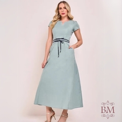 Vestido, Verde, Viscolinho, Evasê, Bolsos, Decote V, Cós, Amarração, Zíper Lateral, Forro, Fascinius Tam. 42 BM1257