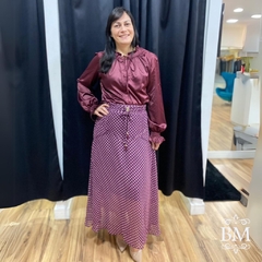Body Camisa, em Cetim, Vinho, Lastex na Manga, Botão Frontal, Kauly BM0864
