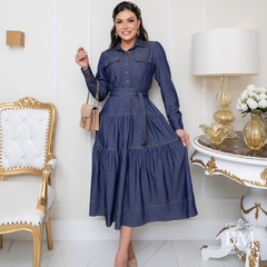 Vestido Godê, Viscojeans Escuro, Manga Longa, Fechamento Botões, Bolso Lapela, Saia 3 Marias , Rosarrara BM1205