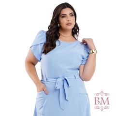 Vestido Longo, Crepe, Evasê, Azul, Detalhe Manga, Bolsos, Cinto Fixo, Dona Charme BM1245A na internet