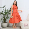 Vestido Midi, Viscojeans, Terracota, Sem Manga, Bolsos, Botões Funcionais, Cinto Faixa, Rosarrara BM1266T