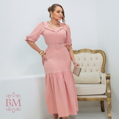 Vestido Midi, Sereia, Rosé, Crepe Texturizado, Amarração Manga, Detalhe Decote, Forro, Cinto, Feminine BM1269