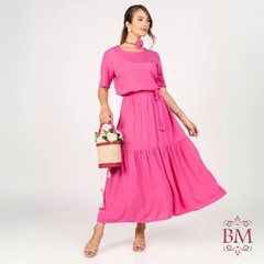 Vestido Viscolinho, Rosa, Decote Canoa, Manga 3/4, Babado Saia, Elástico Cintura, Cinto, Forro, Miss Moda BM1140