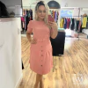 Vestido Crepe Microfibra, Salmão, Saia Evasê com Recorte Detalhe Botão, Cinto, Forro, Invait BM1070