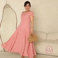 Vestido Maxi Midi, Godê, Viscolinho, Rosa, Poá, Lastéx Costa, Forro, Menina Bella BM1270R - loja online