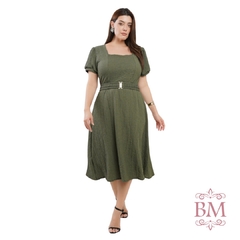 Vestido Midi, Verde, Malha Texturizada, Manga Punho, Decote Quadrado, Cinto Elástico, Dona Charme BM1272 - comprar online